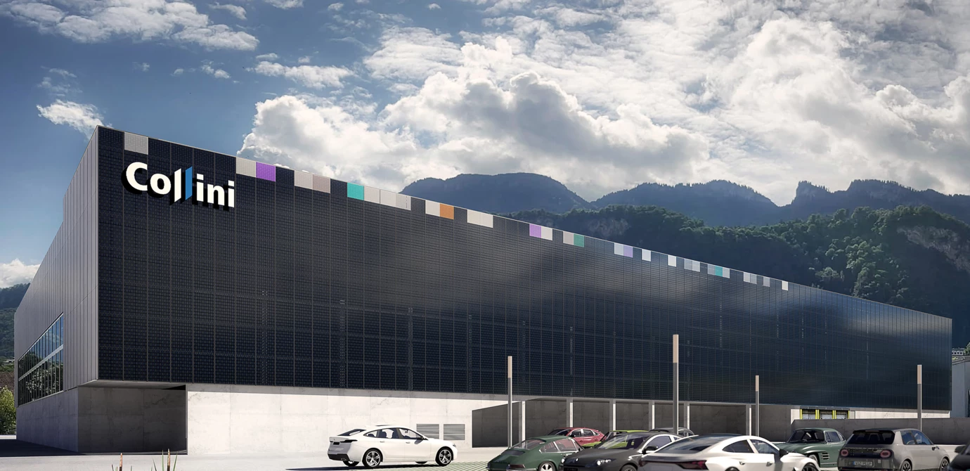 Effizient, wirtschaftlich, sicher: Visualisierung der Fassaden-PV am neuen Collini-Produktionsgebäude in Hohenems. Bildnachweis: Rhomberg Bau Effizient, wirtschaftlich, sicher: Visualisierung der Fassaden-PV am neuen Collini-Produktionsgebäude in Hohenems. Bildnachweis: Rhomberg Bau